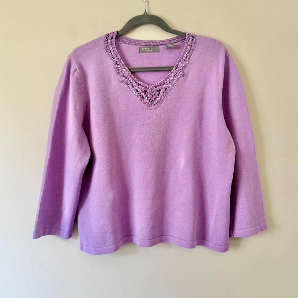 Y2K knit crochet beaded sequin sweater 100% cotton size XL lavender lilac purple